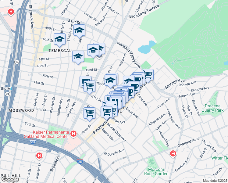map of restaurants, bars, coffee shops, grocery stores, and more near 4179 Montgomery Street in Oakland