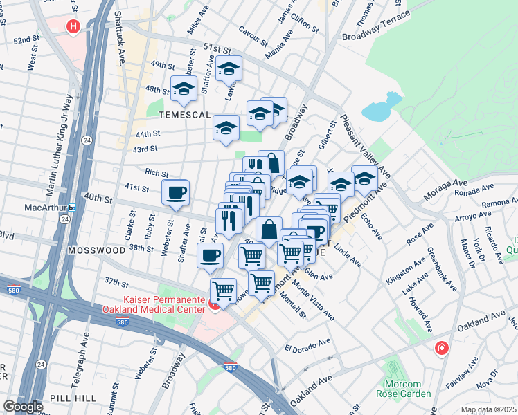 map of restaurants, bars, coffee shops, grocery stores, and more near 302 41st Street in Oakland