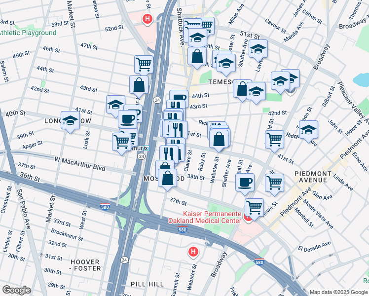map of restaurants, bars, coffee shops, grocery stores, and more near 3915 Clarke Street in Oakland