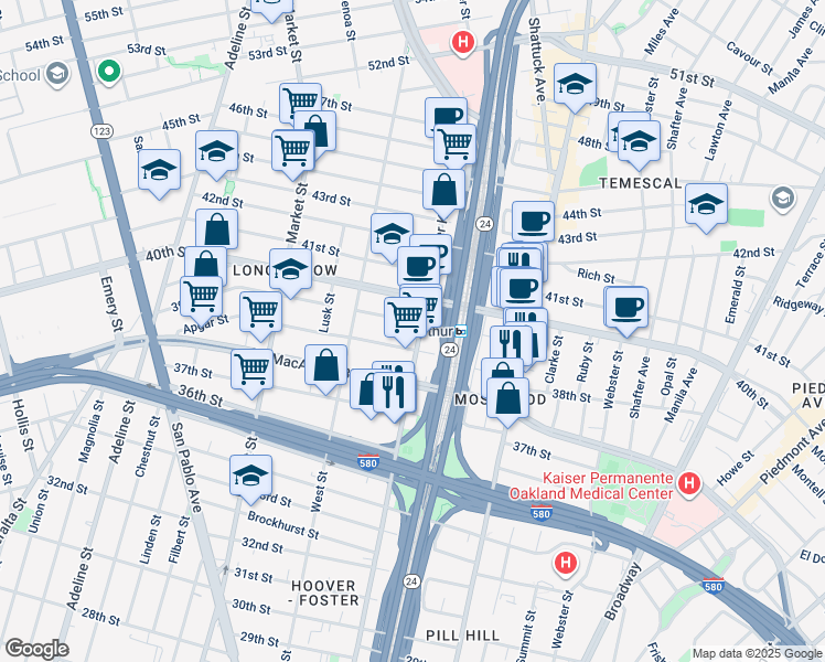 map of restaurants, bars, coffee shops, grocery stores, and more near 668 Apgar Street in Oakland
