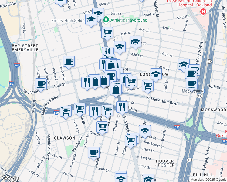 map of restaurants, bars, coffee shops, grocery stores, and more near 3823 San Pablo Avenue in Emeryville