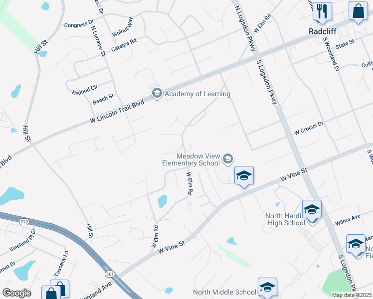 map of restaurants, bars, coffee shops, grocery stores, and more near 1498 West Elm Road in Radcliff