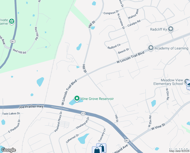 map of restaurants, bars, coffee shops, grocery stores, and more near 3390 Hill Street in Vine Grove