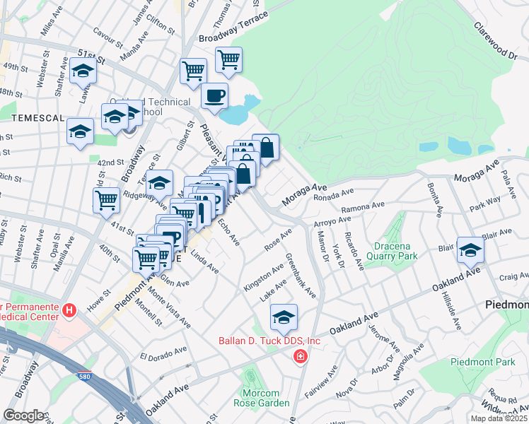 map of restaurants, bars, coffee shops, grocery stores, and more near Brandon Street in Oakland