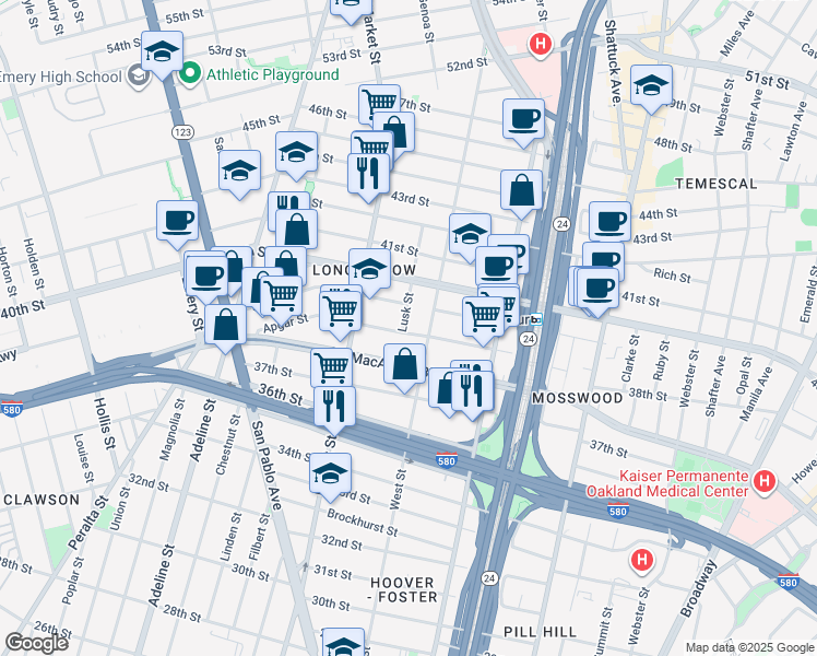 map of restaurants, bars, coffee shops, grocery stores, and more near 820 Apgar Street in Oakland