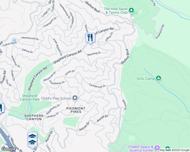 map of restaurants, bars, coffee shops, grocery stores, and more near 6585 Chelton Drive in Oakland