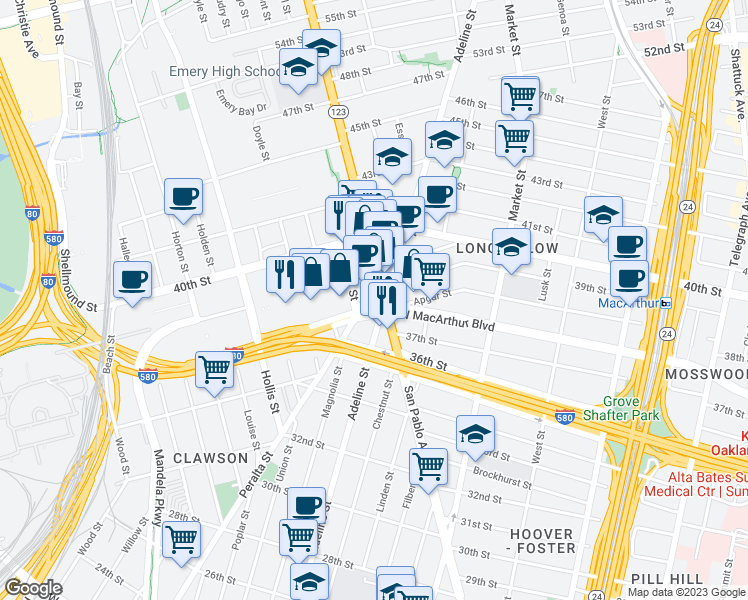 map of restaurants, bars, coffee shops, grocery stores, and more near 3823 San Pablo Avenue in Emeryville