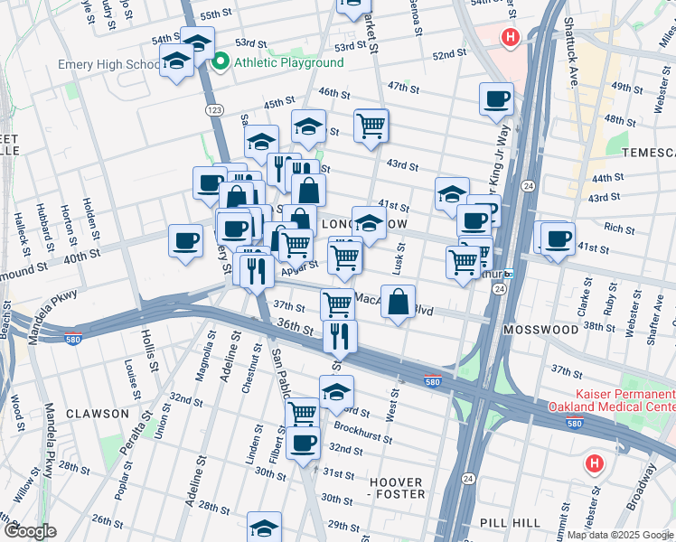 map of restaurants, bars, coffee shops, grocery stores, and more near 936 West MacArthur Boulevard in Emeryville