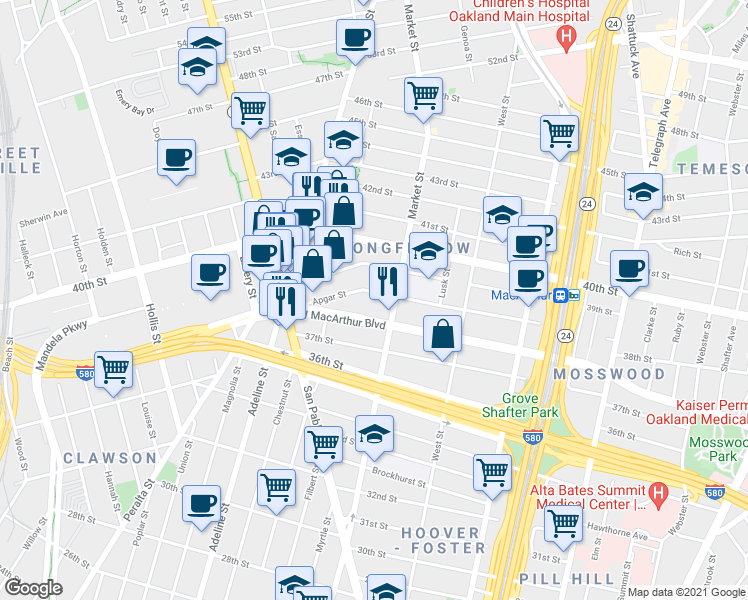 map of restaurants, bars, coffee shops, grocery stores, and more near 936 West MacArthur Boulevard in Emeryville