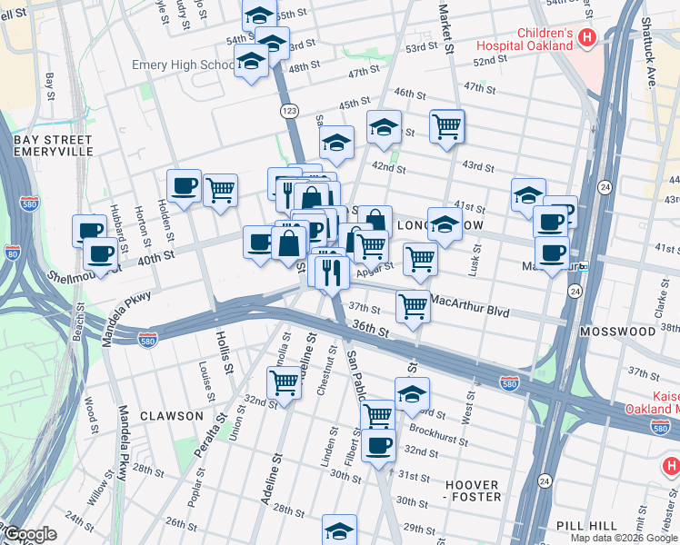 map of restaurants, bars, coffee shops, grocery stores, and more near in Emeryville