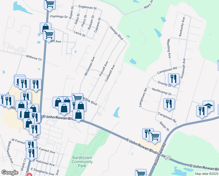 map of restaurants, bars, coffee shops, grocery stores, and more near 114 Ashberry Drive in Bardstown