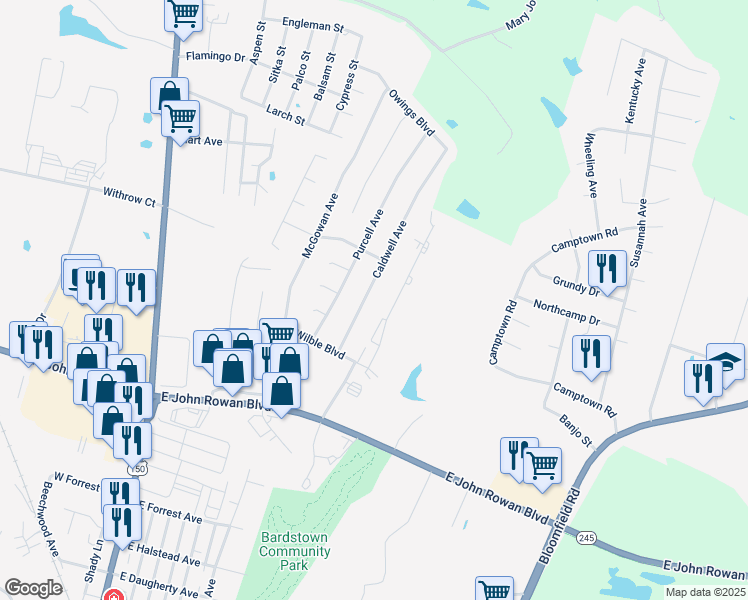 map of restaurants, bars, coffee shops, grocery stores, and more near 114 Ashberry Drive in Bardstown