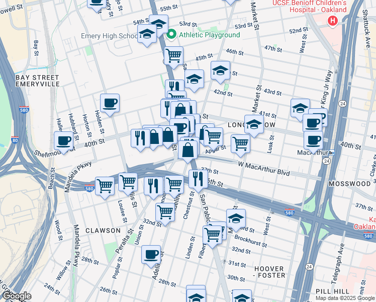 map of restaurants, bars, coffee shops, grocery stores, and more near 3801 San Pablo Avenue in Emeryville