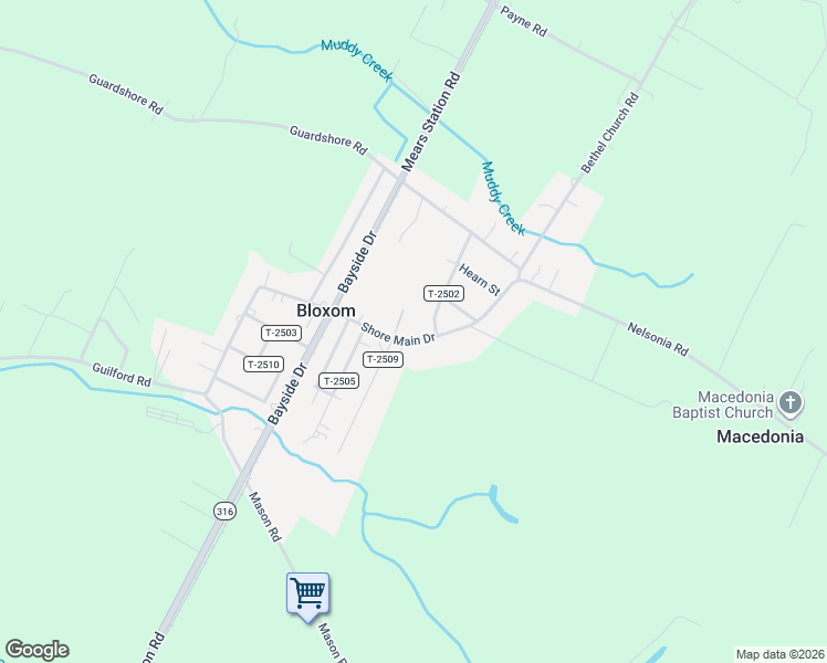 map of restaurants, bars, coffee shops, grocery stores, and more near 26149-26199 Shoremain Dr in Bloxom