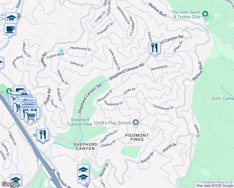 map of restaurants, bars, coffee shops, grocery stores, and more near 6260 Girvin Drive in Oakland