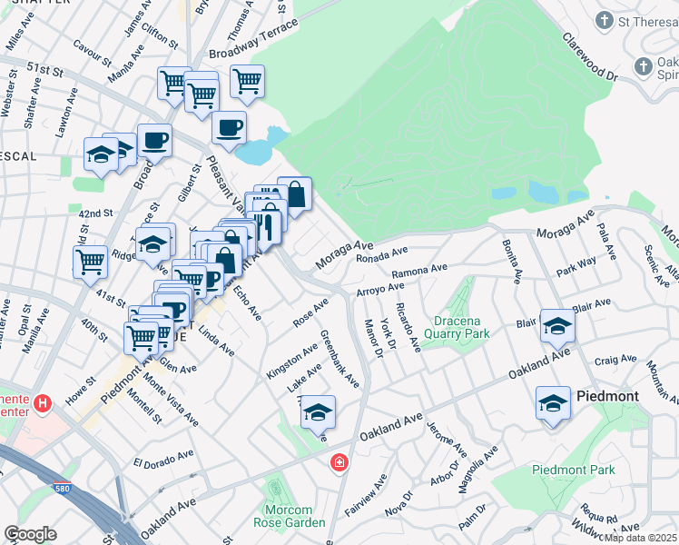 map of restaurants, bars, coffee shops, grocery stores, and more near 1696 Grand Avenue in Piedmont