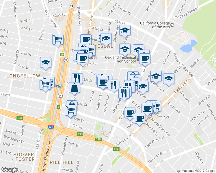 map of restaurants, bars, coffee shops, grocery stores, and more near 417 40th Street in Oakland
