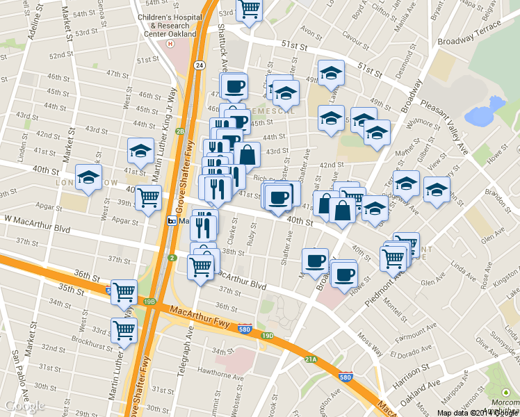 map of restaurants, bars, coffee shops, grocery stores, and more near 449 40th Street in Oakland