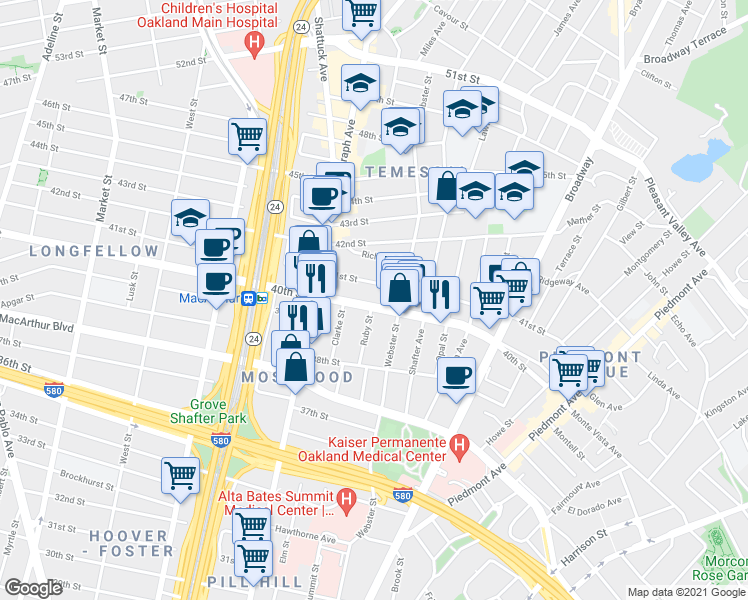 map of restaurants, bars, coffee shops, grocery stores, and more near 449 40th Street in Oakland
