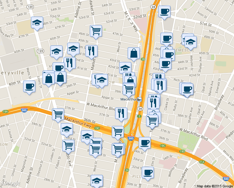 map of restaurants, bars, coffee shops, grocery stores, and more near 741 Apgar Street in Oakland