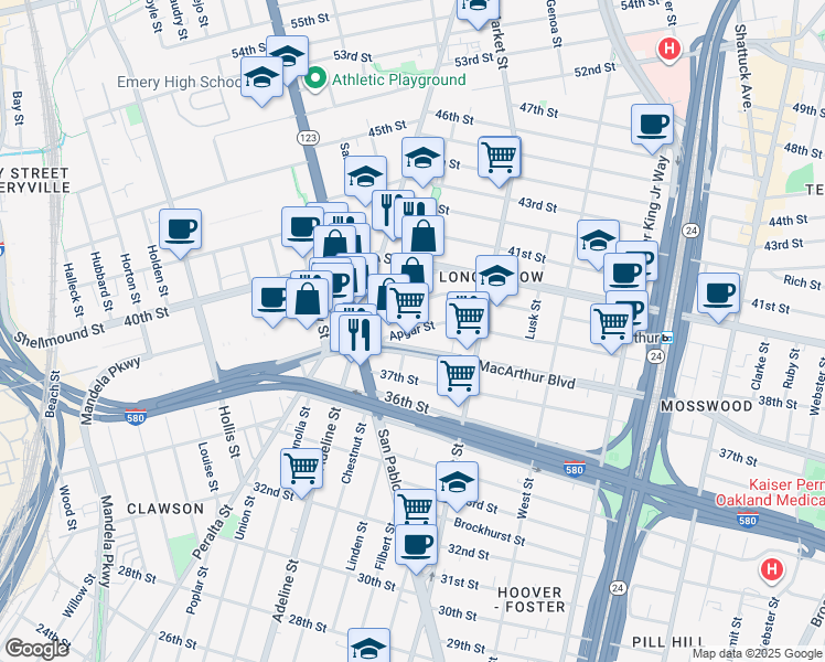 map of restaurants, bars, coffee shops, grocery stores, and more near 980 West MacArthur Boulevard in Oakland