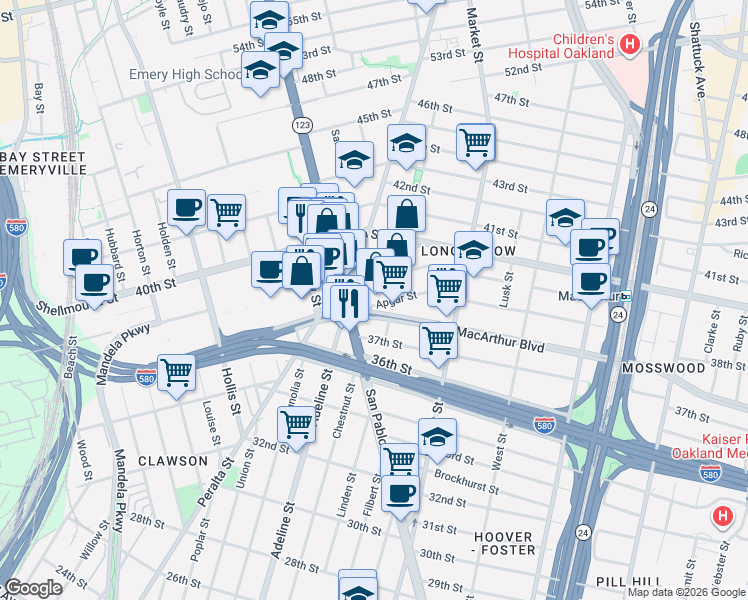 map of restaurants, bars, coffee shops, grocery stores, and more near in Emeryville