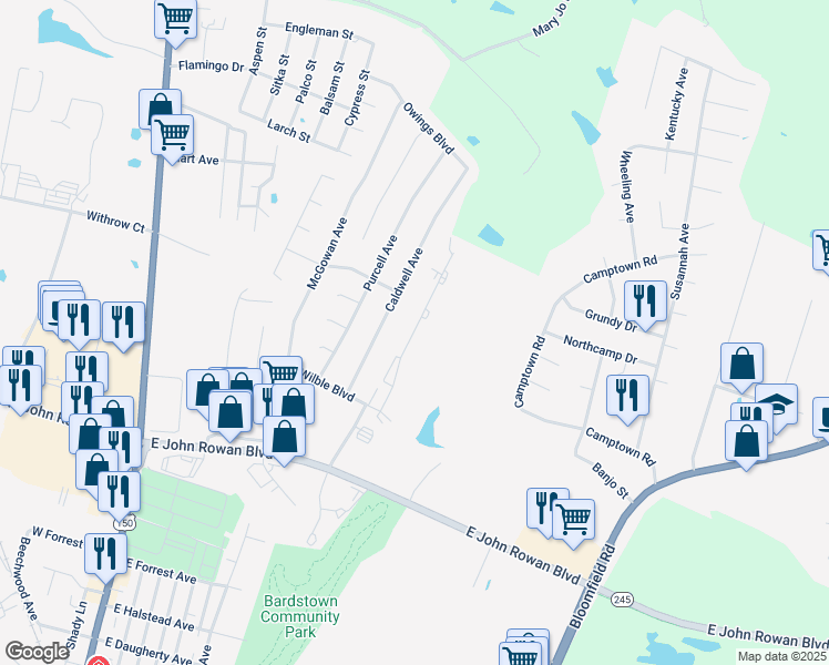 map of restaurants, bars, coffee shops, grocery stores, and more near 115 Ashberry Drive in Bardstown