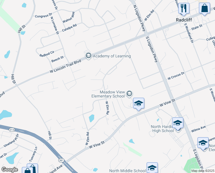 map of restaurants, bars, coffee shops, grocery stores, and more near 1498 West Elm Road in Radcliff