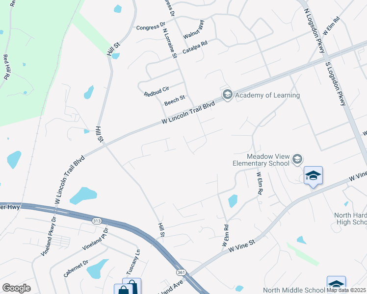 map of restaurants, bars, coffee shops, grocery stores, and more near 157 South Red Oak Court in Radcliff