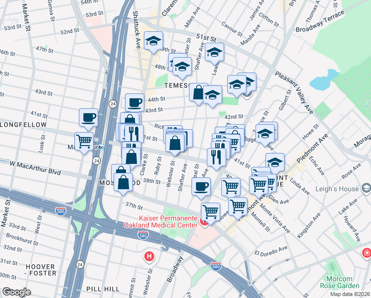 map of restaurants, bars, coffee shops, grocery stores, and more near 4067 Shafter Avenue in Oakland