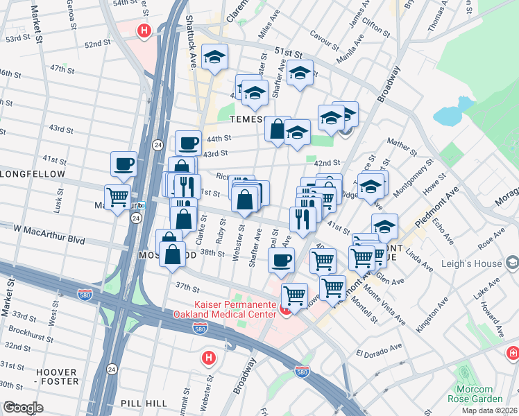 map of restaurants, bars, coffee shops, grocery stores, and more near 4067 Shafter Avenue in Oakland