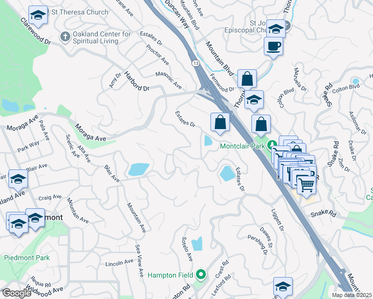 map of restaurants, bars, coffee shops, grocery stores, and more near 5810 McAndrew Drive in Oakland