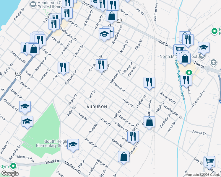 map of restaurants, bars, coffee shops, grocery stores, and more near 1105 Clay Street in Henderson