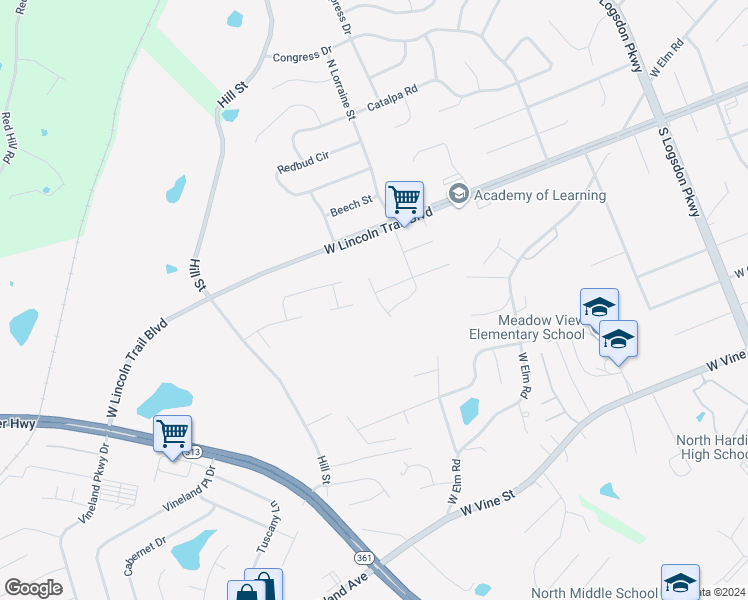 map of restaurants, bars, coffee shops, grocery stores, and more near 139 South Red Oak Court in Radcliff