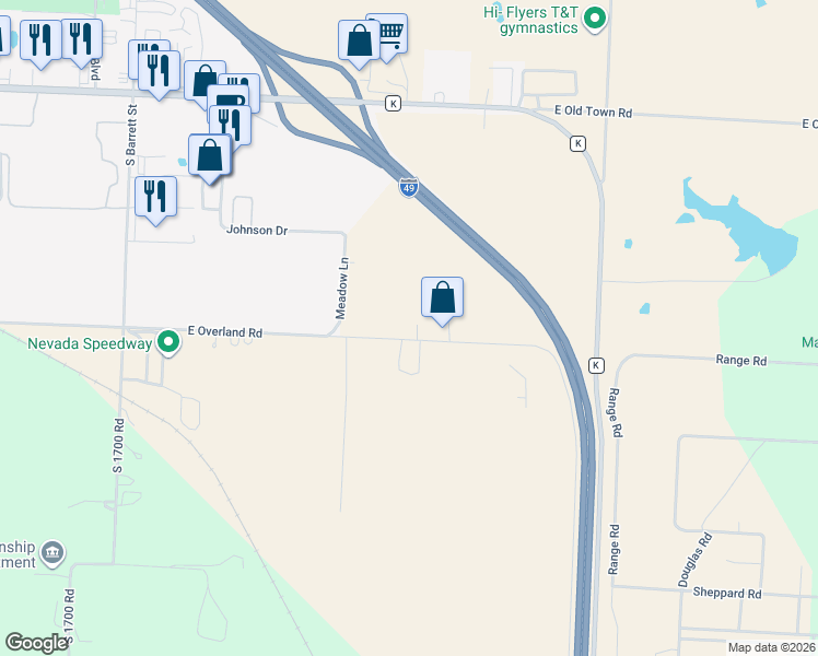 map of restaurants, bars, coffee shops, grocery stores, and more near 17605 East Overland Road in Nevada