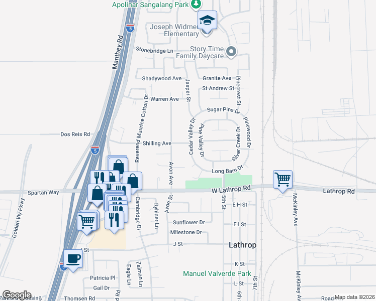 map of restaurants, bars, coffee shops, grocery stores, and more near 14539 Cedar Valley Drive in Lathrop