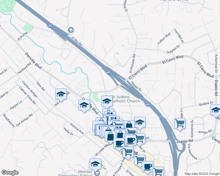 map of restaurants, bars, coffee shops, grocery stores, and more near in Danville