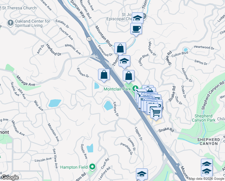 map of restaurants, bars, coffee shops, grocery stores, and more near Bullard Drive in Oakland