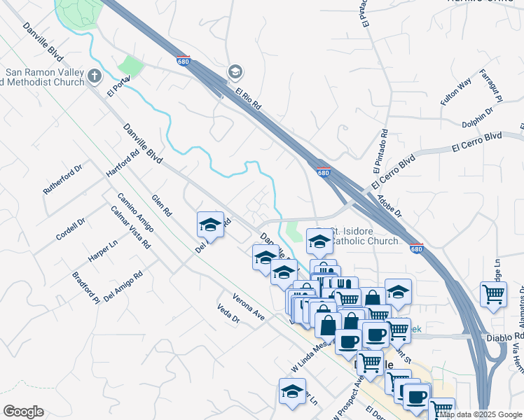 map of restaurants, bars, coffee shops, grocery stores, and more near 136 Garden Creek Place in Danville
