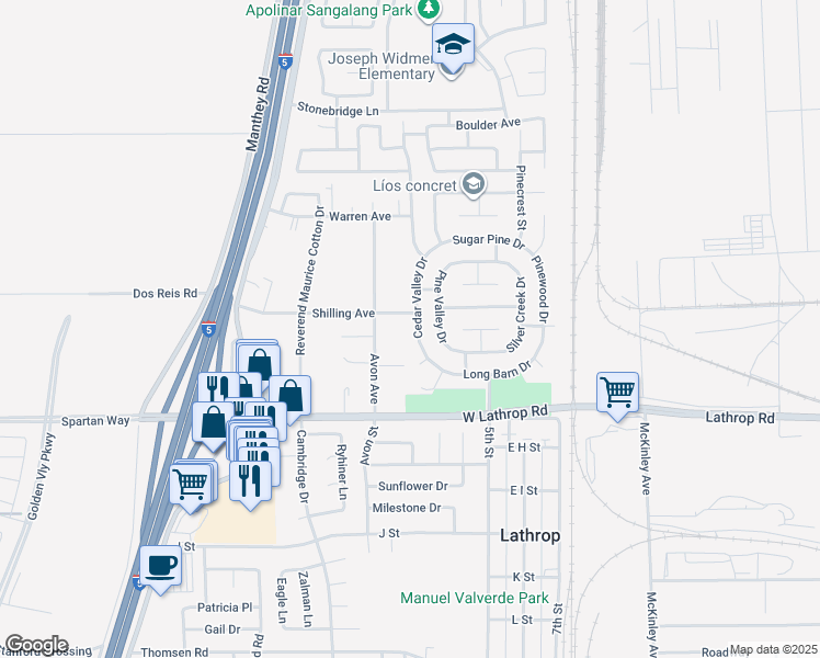 map of restaurants, bars, coffee shops, grocery stores, and more near 14539 Cedar Valley Drive in Lathrop
