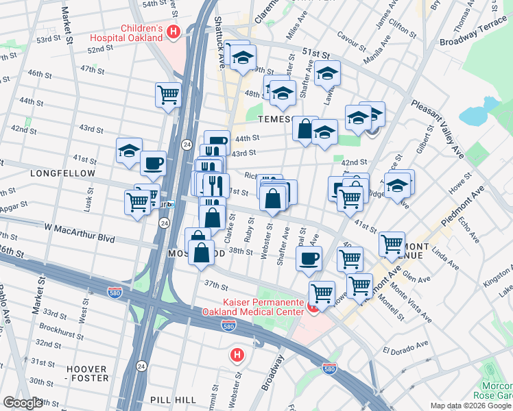 map of restaurants, bars, coffee shops, grocery stores, and more near 444 40th Street in Oakland