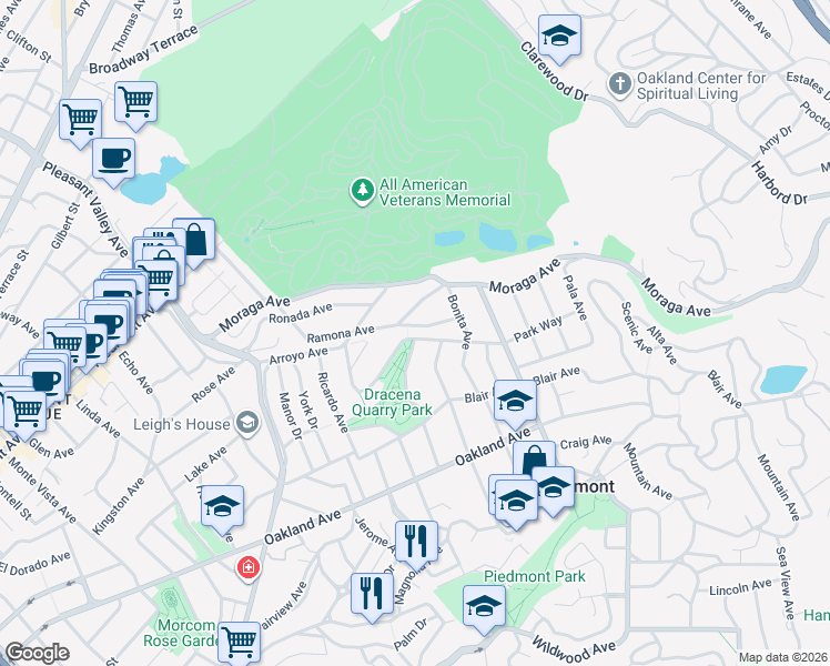 map of restaurants, bars, coffee shops, grocery stores, and more near 306 Ramona Avenue in Piedmont