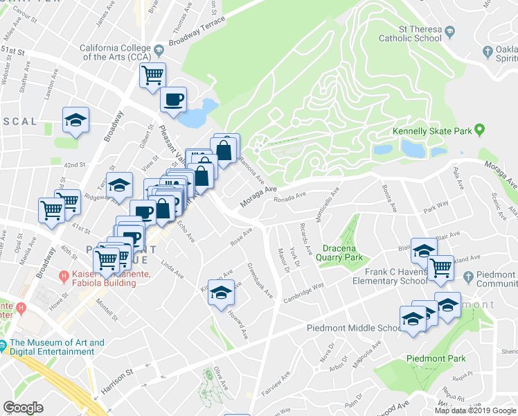 map of restaurants, bars, coffee shops, grocery stores, and more near 1696 Grand Avenue in Piedmont