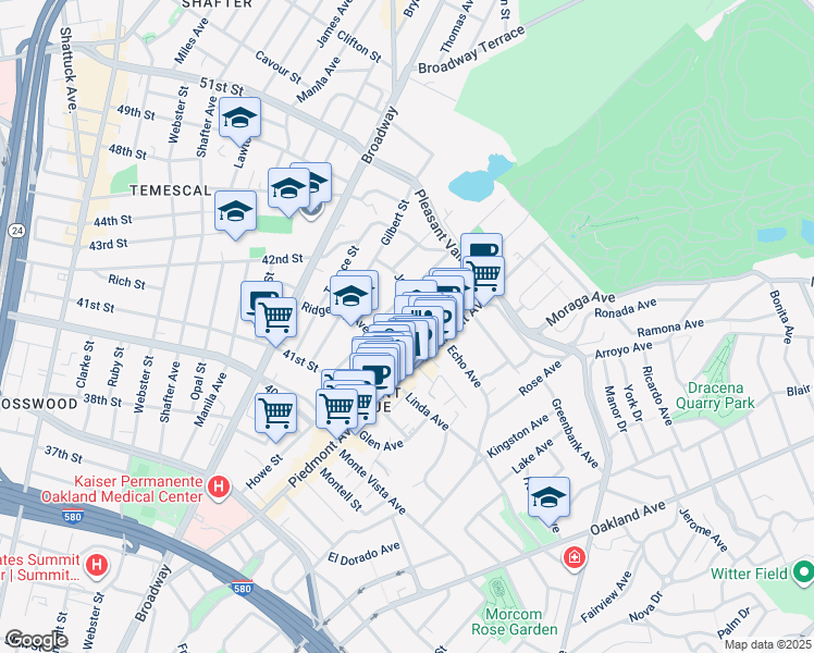 map of restaurants, bars, coffee shops, grocery stores, and more near 180 Ridgeway Avenue in Oakland