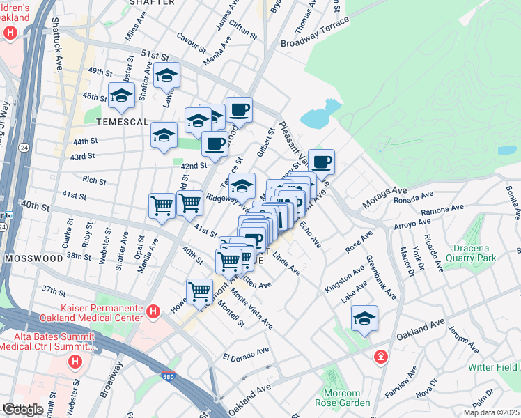 map of restaurants, bars, coffee shops, grocery stores, and more near 180 Ridgeway Avenue in Oakland