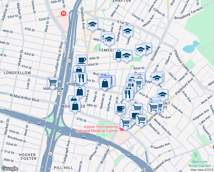 map of restaurants, bars, coffee shops, grocery stores, and more near 417 40th Street in Oakland