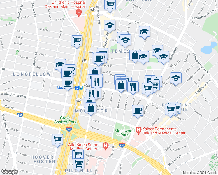 map of restaurants, bars, coffee shops, grocery stores, and more near 449 40th Street in Oakland
