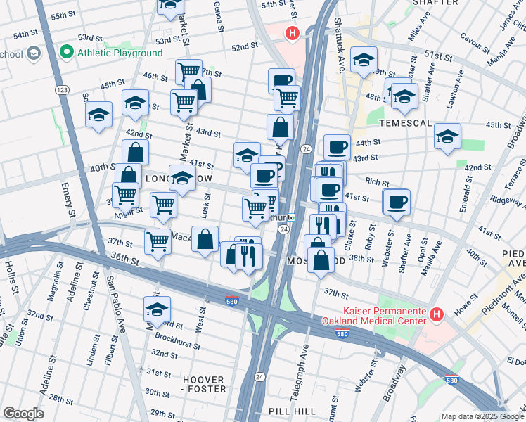 map of restaurants, bars, coffee shops, grocery stores, and more near 668 Apgar Street in Oakland