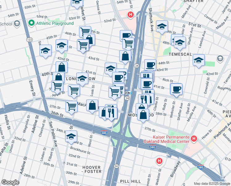 map of restaurants, bars, coffee shops, grocery stores, and more near 668 Apgar Street in Oakland