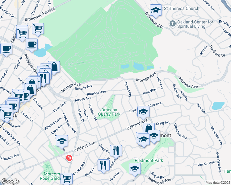 map of restaurants, bars, coffee shops, grocery stores, and more near 306 Ramona Avenue in Piedmont